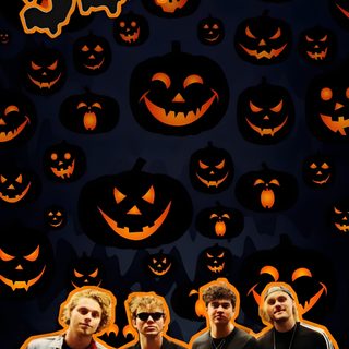 three men standing next to each other in front of pumpkins and jack - o'- lanterns 5sos Halloween Rocktober Background, Aesthetic Halloween Boys, Emo Fall Background, Helloween Album, black
