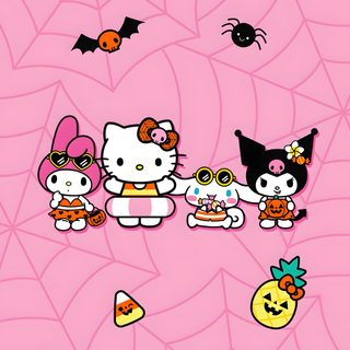 hello kitty halloween wallpaper with pumpkins, bats and cats on the pink background Hello Kitty And Friends Halloween Hello Kitty Christmas Tree, Screen Savers, Halloween Countdown, light pink