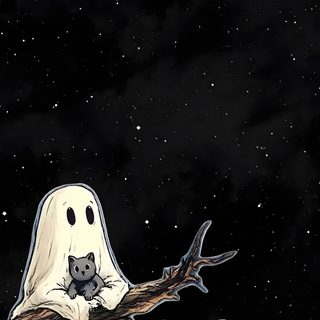 a drawing of a ghost hanging from a tree branch in front of a full moon Halloween Space black