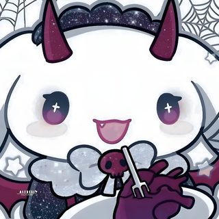a cartoon cat with horns holding a purple object in it's hand and smiling Sanrio Halloween Pictures Cinnamoroll Halloween Gothic Sanrio, Badz Maru And Kuromi Matching Pfp, Batz Maru And Kuromi Matching Pfp, light gray