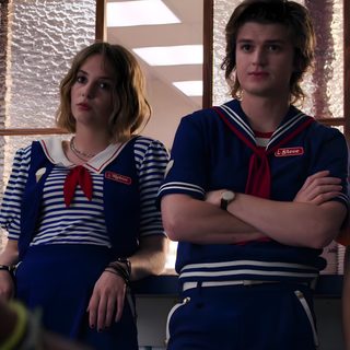 two people in sailor outfits standing next to each other with their arms crossed and looking at the camera Matching Stranger Things And Halloween Characters Steve And Robin Costume, Steve And Robin, Steve Harrington Stranger Things, dark slate gray