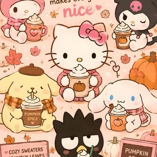 an advertisement for pumpkin spice with hello kitty and other cartoon characters on it's side Cute Halloween Sanrio navajo white