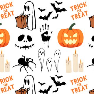 halloween seamless wallpaper with pumpkins and ghost faces in black, white, and orange Large Scale Halloween Trick Or Treats Trick Or Treat, Halloween White Background, Halloween Jpeg,