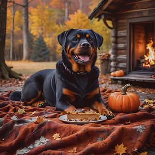 a dog is sitting on a blanket in front of a fire place and pumpkins Halloween Rottweiler Rottweiler Dog, Rottweiler, Dogs, dark olive green