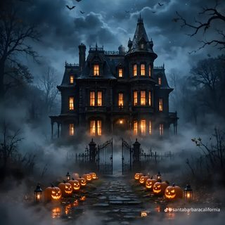 a creepy house with pumpkins on the ground in front of it and a full moon Halloween Haunted Hotel dark slate gray