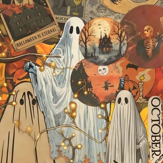 an image of halloween collage with ghostes and pumpkins on it's side Slay Halloween Halloween Backgrounds Collage, Halloween Collages, Halloween Collage Iphone, peru