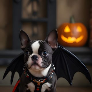 a small black and white dog with a bat on it's back sitting in front of a pumpkin Halloween Boston Terrier Boston Scally Halloween Rose, Cute Boston Terrier, Boston Terrier Pictures, dark slate gray