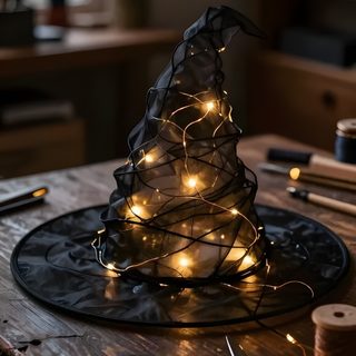 a small christmas tree is sitting on top of a wooden table with scissors and thread Halloween Witch Hat black