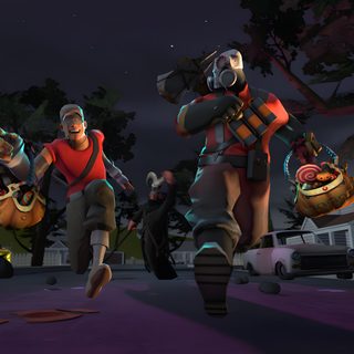three animated characters are running in the street at night with pumpkins on the ground Tf2 Halloween Tf2 Scout Halloween, Tf2 Banner, Tf2 Skeletons, Tf2 Halloween, Tf2 Oktoberfest, black