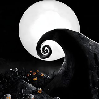 a black and white photo with pumpkins in front of a full moon Halloween Nightmare black