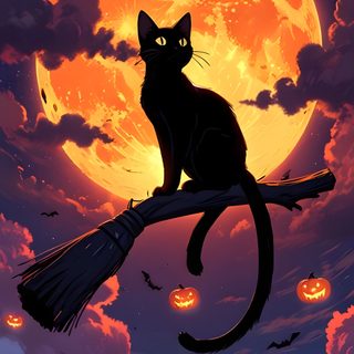 a black cat sitting on top of a broom in front of a full moon with bats Cat Halloween Halloween Cat Aesthetic, Halloween Black Cat, Black Cat Halloween, dark slate gray