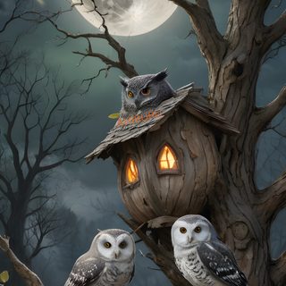 two owls sitting on a tree branch in front of a full moon with a birdhouse Halloween Owl Hd Christmas Cross Stitch, Christmas Cross, Christmas, Cross Stitch, Animals, dark slate gray