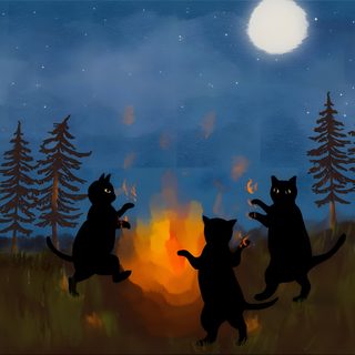 three cats are dancing around a campfire in the woods at night, with one cat jumping up and another standing on its hind legs Halloween Witch Cats Custom Cozy For Laptop, Halloween Tablet, Cat Pc Background, dark slate gray