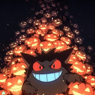 an animated image of a cat surrounded by pumpkins with glowing eyes and teeth on them Pokemon Halloween Iphone Wow Art, Rayquaza Pokemon, Pokemon Halloween, Pokemon Backgrounds, maroon