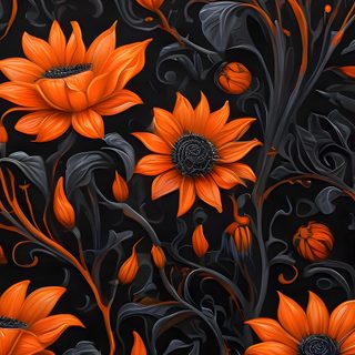 an orange and black floral pattern on a black background Halloween Floral Custom Halloween Iphone Aesthetic Dark, Halloween Floral, Halloween Flower Background, black