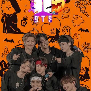 a group of young men standing next to each other in front of an orange background Bts Halloween saddle brown