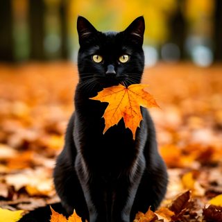 a black cat is sitting on the ground with autumn leaves in front of its face Free Halloween Cat Cute Cats And Dogs, Black Cats In Fall, Dessin Noir Et Blanc, Cat Curling, saddle brown