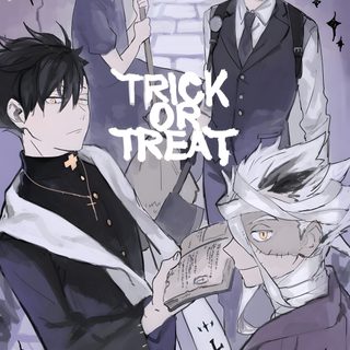 three anime characters standing next to each other with the words trick or treat on them Haikyuu Halloween Halloween Anime Fanart, Haikyuu Halloween Pfp, Anime Halloween Backgrounds, slate gray