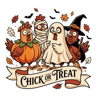 three cartoon characters dressed up as witches and pumpkins with a banner that says, chick or treat Halloween Chicken papaya whip