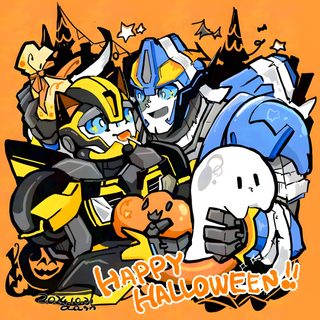 an image of some cartoon characters with happy halloween written on the front and back side Transformers Halloween Transformers Art, Predaking X Bumblebee, Transformers One Bumblebee Art, goldenrod