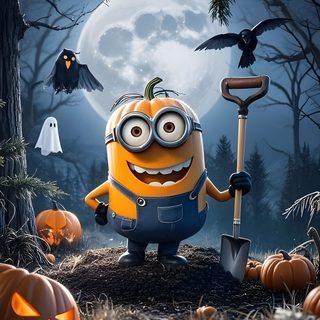 a minion is standing in the woods with pumpkins Minions Halloween Minions Halloween, Minion Halloween Decorations, Fall Minion, dark slate gray