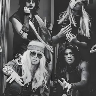 the runaways posing for a black and white photo in front of an open door 5sos Halloween Rock Of Ages, Daniel Webber Motley Crue, Cast Of Rock Of Ages 2012, dark slate gray