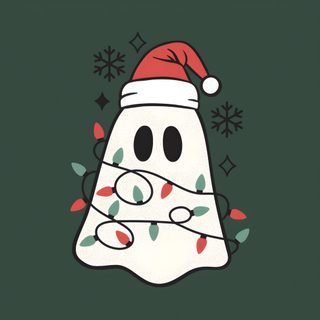 a green christmas card with a cartoon character wearing a santa hat on it's head Cute Halloween And Christmas Cute Christmas Ghost, Christmas Ghost, Christmas Tree Farm Pictures, dark slate gray