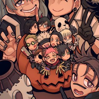 an image of some anime characters with their faces in the shape of a pile of people Jjk Halloween Halloween Jjk Pfp, Jujustu Kaisen Halloween Pfp, Jujutsu Kaisen Halloween Pfp, dark olive green