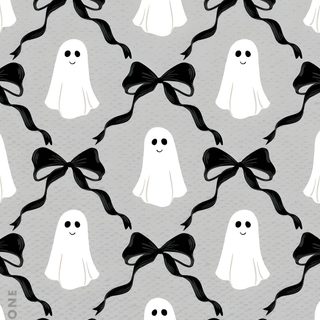a pattern with white ghost faces and black bow ties on grey fabric, which has the words free pattern Black And White Halloween Skulls In Bow Halloween Iphone Backgrounds, Halloween Backgrounds, Halloween Cute, silver