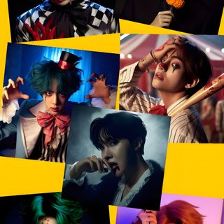 many different pictures of people with clown makeup on their faces and hair in the same photo Bts Halloween Ateez Halloween, Bt21 Halloween, Bts Halloween, Txt Halloween 2021, dark olive green