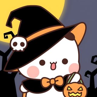 a cartoon cat dressed as a witch holding a pumpkin Bubu Dudu Halloween Anime Halloween, Cute Doodles, Matching Profile Pictures, Kawaii Drawings, dim gray
