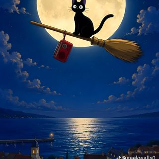 a black cat sitting on top of a broom flying in the air over a city Ghibli Halloween Painting From Kikis Delivery Service, Jiji The Cat, Ghibli Scenes, midnight blue