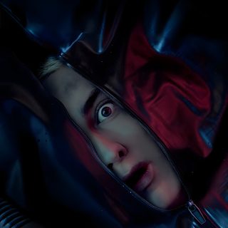 a woman is hiding in the back of a car with her eyes wide open, Eminem Halloween Dark Hooded Outfit, Halloween Costume Inspiration, Mysterious Character Design Ideas, black