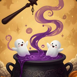 halloween scene with witches caulder and ghostes in front of an orange background Halloween Witch Cauldron peru