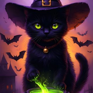 a black cat sitting on top of a caulder filled with green liquid next to pumpkins Halloween Witch Cats Custom Color Theory Painting, Cat Art Painting, Samhain Halloween, dark slate gray