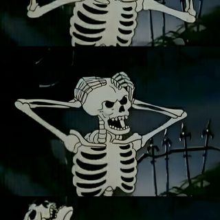 three skeleton images in different positions, one is pointing at the viewer and the other has his hands up Halloween Meme black