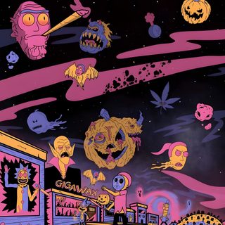 a person standing in front of a wall with cartoon faces on it and various objects flying around Rick And Morty Halloween Purple Rick And Morty Aesthetic, Scary Rick And Morty, Rick And Morty Trippy, dark slate gray