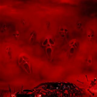 a car in the middle of a red sky with skulls on it's face Halloween Car maroon