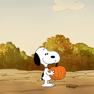 a cartoon dog holding a pumpkin in his hand while standing on the ground with trees behind him Snoopy Halloween Gif light gray