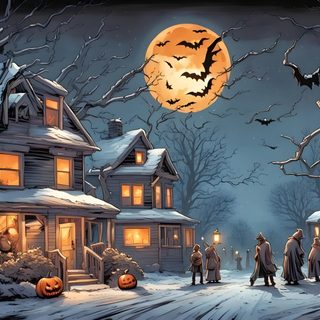 a halloween scene with people standing in front of a house Halloween Village For Pc Halloween, dark slate gray