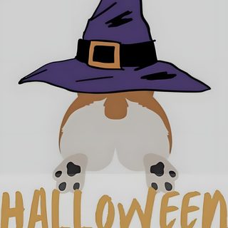 a dog wearing a witches hat with the words halloween Corgi Halloween light gray