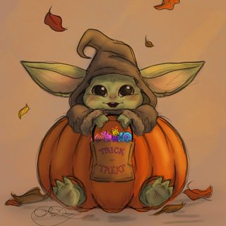a drawing of a baby yoda sitting on top of a pumpkin filled with candy Cute Baby Yoda Halloween Unique Star Wars Fan Art, Fall Baby Yoda, Star Wars Thanksgiving, Grogu Pumpkin, peru
