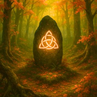 a rock in the middle of a forest with an illuminated celtic symbol on it's face Halloween Celtic Celtic Forest, Triquetra, Celtic Fantasy Art, Legend Symbol, Celtic Druids, saddle brown