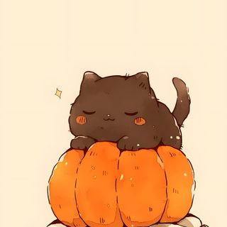 a black cat is sitting on top of some pumpkins, and it looks like he's sleeping Cute Cat Halloween Cartoon Kawaii Cute Halloween Cat, Cute Fall With Cats, Anime Cat Halloween, papaya whip