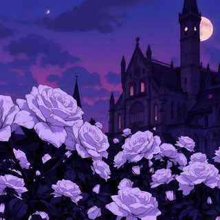 purple flowers in front of an old castle at night with the moon rising over it Purple Halloween Ipad Gothic Architecture Moonlight, Gothic Castle With Purple Roses, Gothic Themed Wedding Inspiration, midnight blue