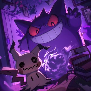 a cartoon cat is in the middle of a messy room, with fire coming out of its mouth Ghost Pokemon Halloween Gengar Full Art, Gengar Anime, Gengar Collage, Gengar Card Art, midnight blue