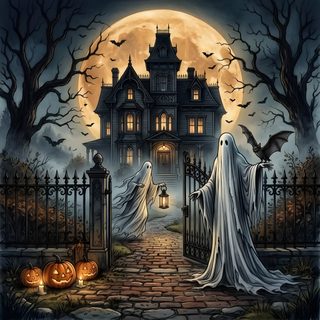 a halloween scene with ghost and pumpkins in front of a large house at night Vintage Halloween Haunted House dark slate gray