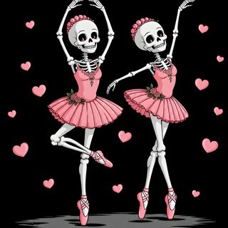 two skeleton dancers in pink tutu skirts with hearts flying around them on a black background Halloween Dance black