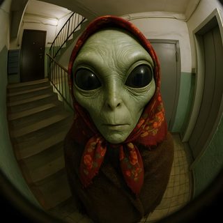 an alien is wearing a red scarf and standing in front of stairs with his eyes wide open Alien Halloween Alien Photos, Alien Funny Images, Alien Looking At Camera, Funny Alien Pic, black