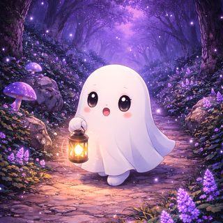a cartoon ghost holding a lantern in the middle of a path surrounded by purple flowers Cute Halloween Purple Ghost Purple, Cricut, Ghost Cute, Flowers, Ghost, Purple Flowers, dark slate blue